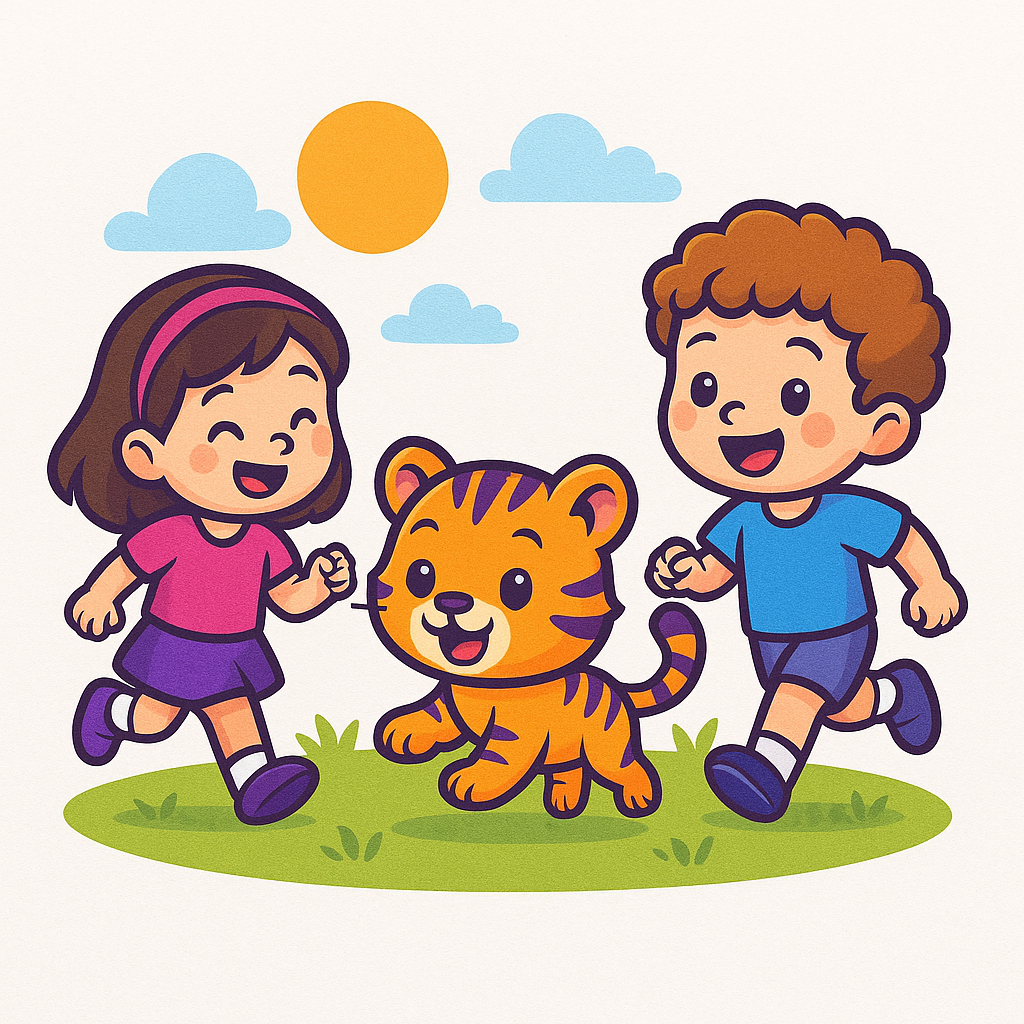 Tiger mascot with happy kids running